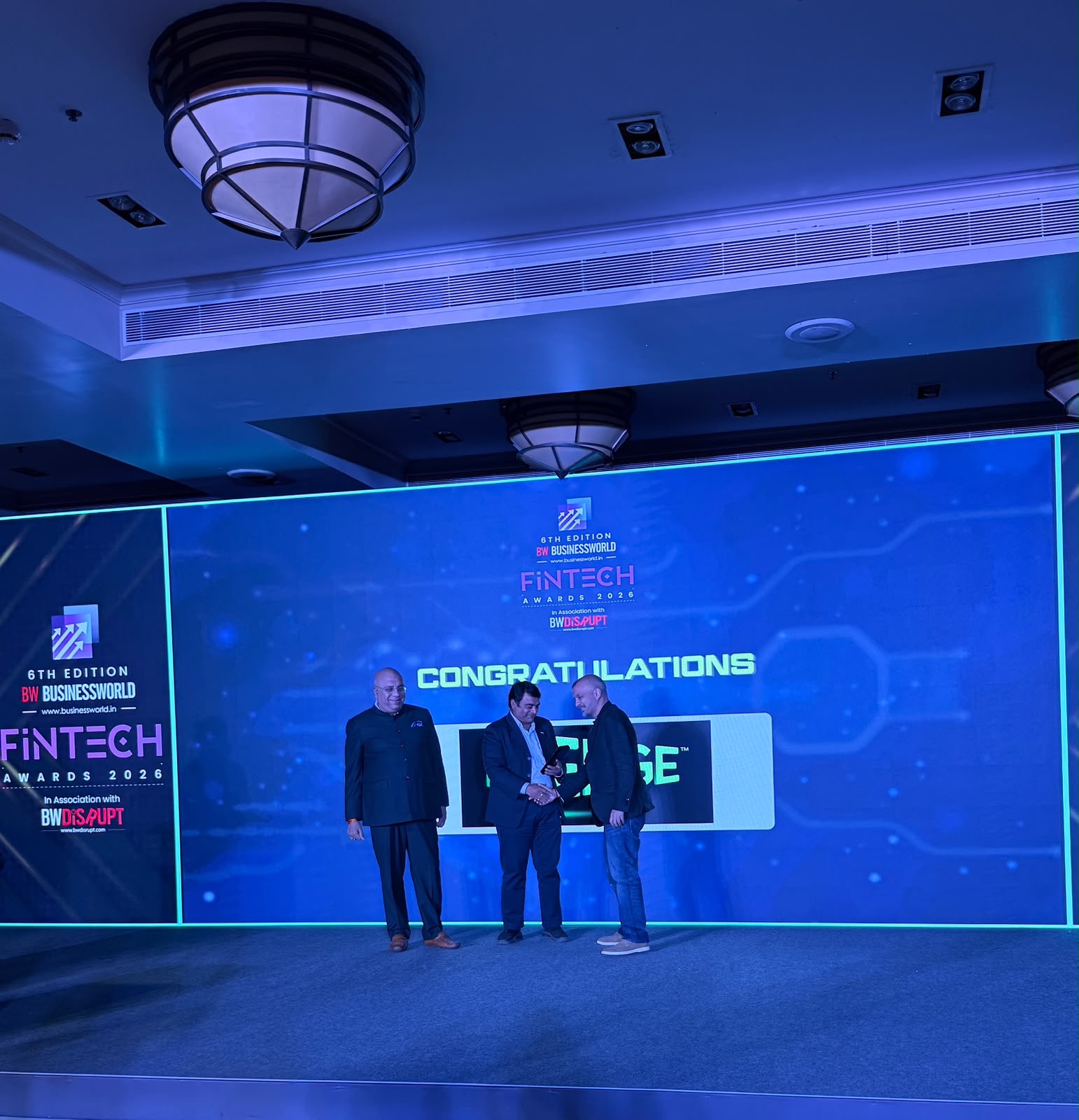 The Gold award being presented to FinEdge on stage at the 6th Edition BW Festival of FinTech 2026, Taj M.G. Road, Bengaluru.
