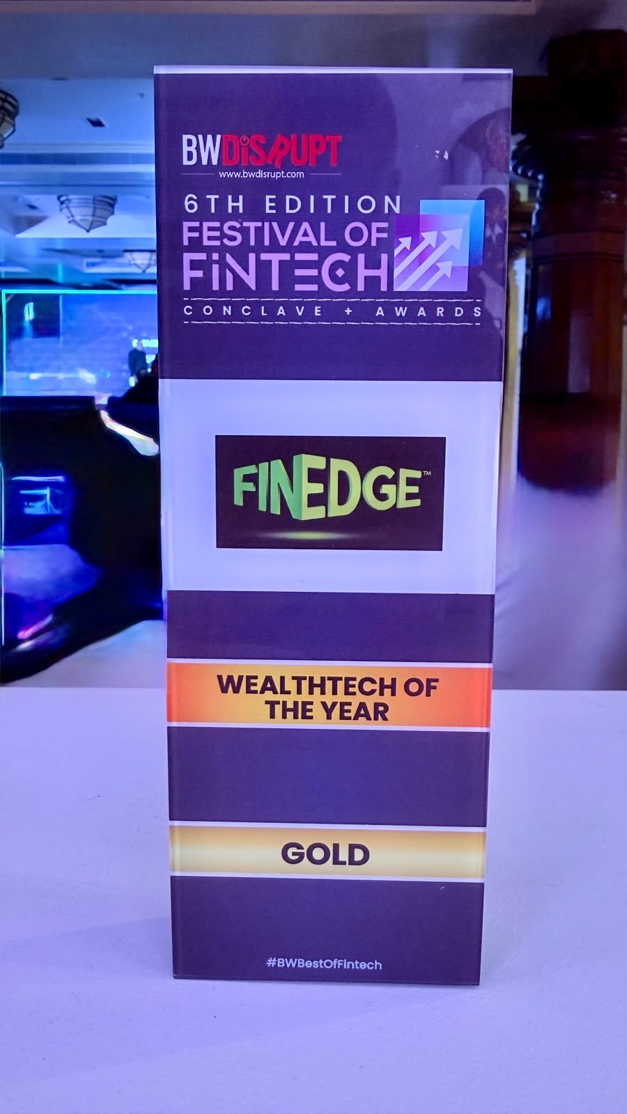 Close-up of the BW Festival of FinTech 2026 WealthTech of the Year Gold trophy awarded to FinEdge.