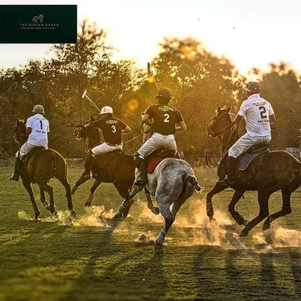 Polo match at sunset with players on horseback at The Aravalli venue.