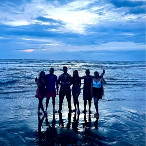 Silhouette of FinEdge team members standing together on a beach at sunset.