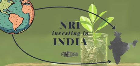 Illustration showing global NRIs investing in India, with arrows connecting a globe to the Indian map — representing NRI investment opportunities in India with FinEdge.