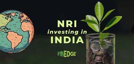 Illustration showing global NRIs investing in India, with arrows connecting a globe to the Indian map — representing NRI investment opportunities in India with FinEdge.
