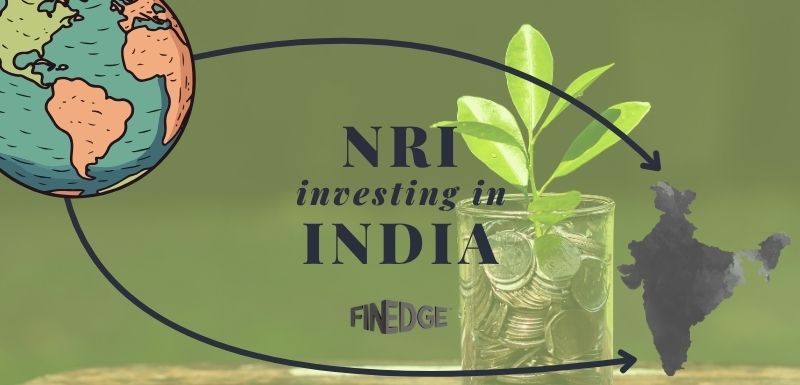 Illustration showing global NRIs investing in India, with arrows connecting a globe to the Indian map — representing NRI investment opportunities in India with FinEdge.