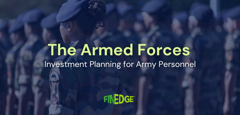 Indian Army personnel standing in formation with text highlighting investment planning for armed forces on Army Day, focusing on long-term financial security and retirement readiness.