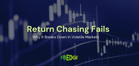 Return Chasing Fails banner with stock market volatility chart background and FinEdge logo