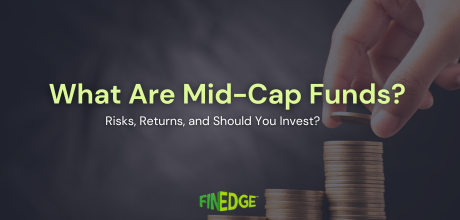 Hand stacking coins in ascending order with the text “What Are Mid-Cap Funds? Risks, Returns, and Should You Invest?” representing investment growth and mid-cap fund opportunities.