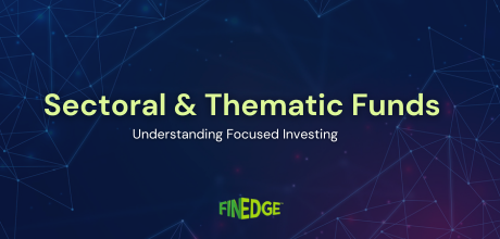 Illustration representing sectoral and thematic mutual funds with a digital market network background symbolising focused investing across specific sectors and long-term economic themes