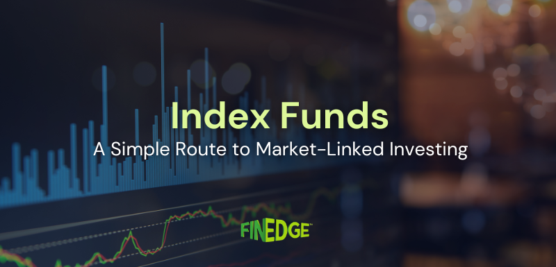 Digital stock market chart representing index fund performance, illustrating the concept of market-linked investing with the title “Index Funds: A Simple Route to Market-Linked Investing.”