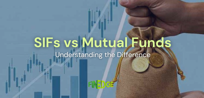 Image showing a hand holding a small money bag with coins against a background of rising stock market charts, symbolizing the comparison between Specialized Investment Funds (SIFs) and Mutual Funds.