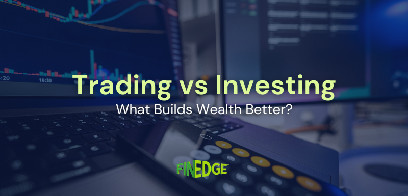 Trading vs investing thumbnail showing stock market charts, market analysis screens, and long-term wealth creation through investing strategies.