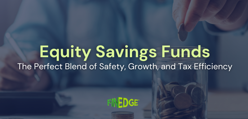 Person calculating finances while dropping coins into a glass jar, symbolizing balanced investing through Equity Savings Funds that combine safety, growth, and tax efficiency.