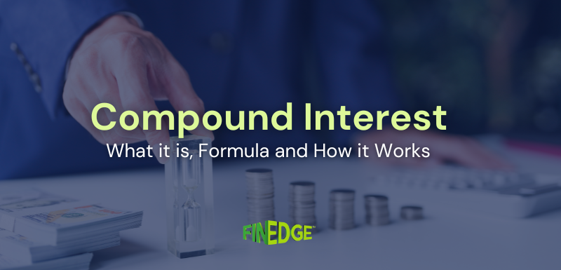 Compound interest illustration showing stacked coins growing over time beside an hourglass, representing how compounding builds wealth in long-term investing and SIPs.