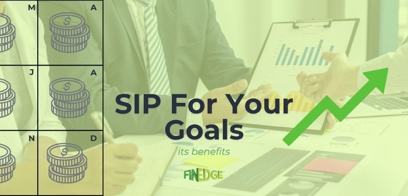 Financial advisors discussing SIP investment strategy for goal-based financial planning with growth chart and benefits highlighted – FinEdge branding