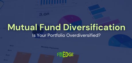 Mutual fund diversification infographic with pie and bar charts, highlighting the risk of portfolio overdiversification – FinEdge branding visible.