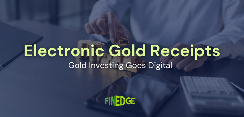 Professional investor handling gold bars and coins, representing Electronic Gold Receipts (EGRs), digital gold investing, and exchange-traded gold ownership.