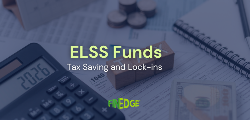 ELSS funds tax saving illustration with calculator, lock-in concept and financial documents