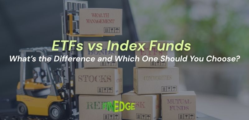 A forklift lifting boxes labeled with financial terms like 'Wealth Management', 'Stocks', 'Retirement', and 'Mutual Funds', with text overlay that reads 'ETFs vs Index Funds: What’s the Difference and Which One Should You Choose?'”