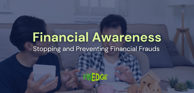 Two individuals discussing financial matters at home, highlighting FinEdge’s campaign on financial awareness and preventing financial frauds.