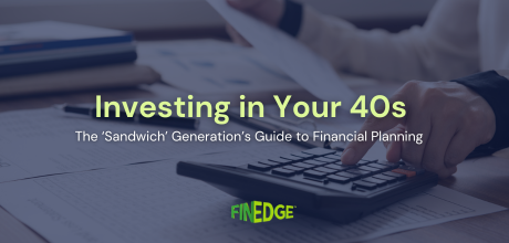 Financial planning in your 40s concept with calculator, documents, and “sandwich generation” focus on managing multiple financial responsibilities