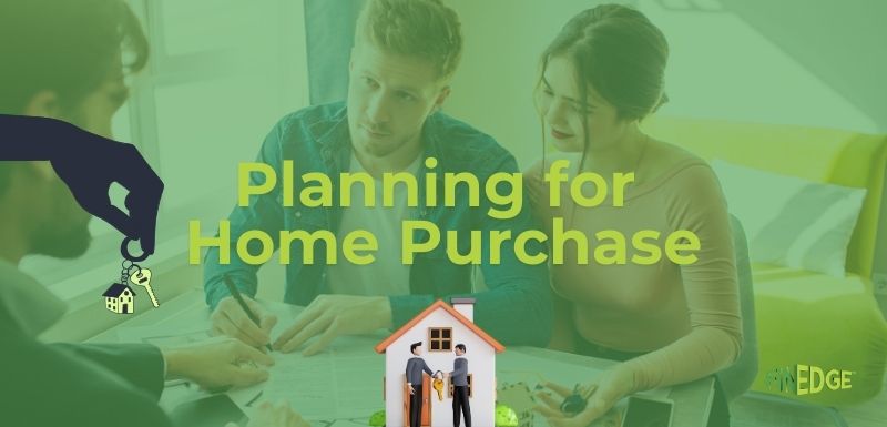 Couple reviewing documents with advisor while planning for a home purchase, featuring symbolic house and key graphics, with FinEdge branding.