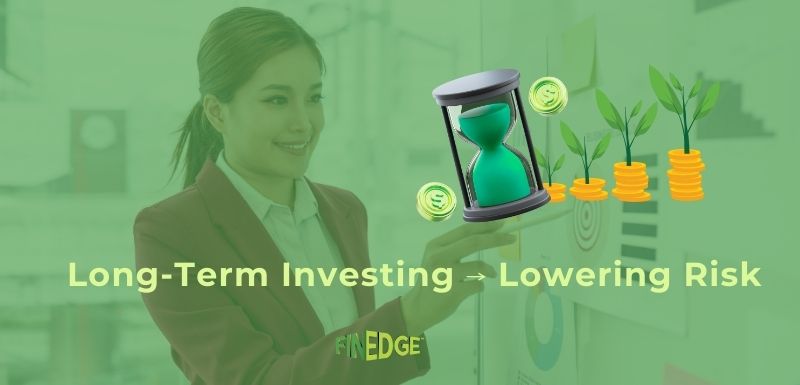 Woman presenting growth chart with hourglass and money plants, highlighting how long-term investing reduces financial risk, with FinEdge branding.