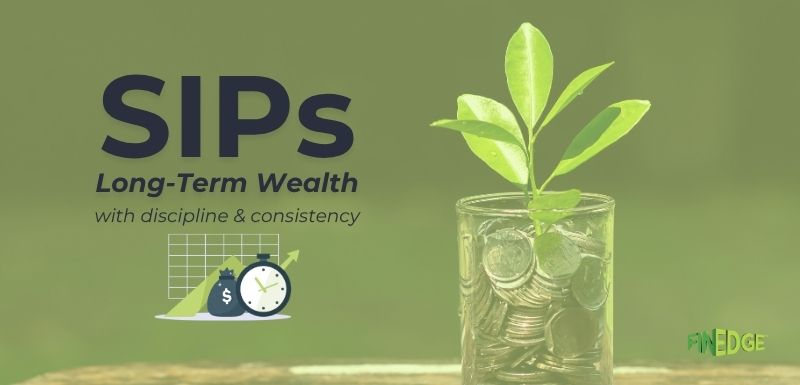 Visual representation of SIP investing for long-term wealth creation through discipline and consistency, featuring a plant growing from a glass filled with coins, FinEdge branding