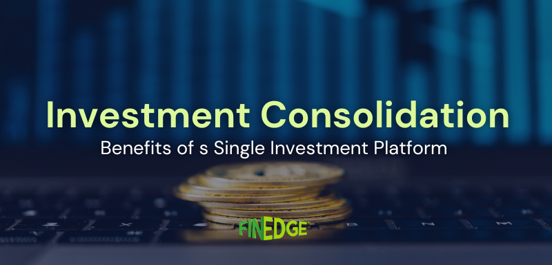 Investment consolidation concept showing stacked coins and market chart, highlighting benefits of managing investments on a single platform