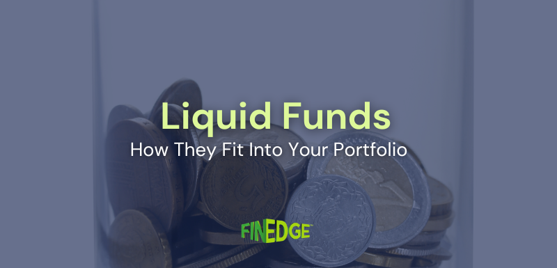 Stack of coins symbolising liquid mutual funds and their role in managing short-term money and portfolio liquidity, with FinEdge branding.
