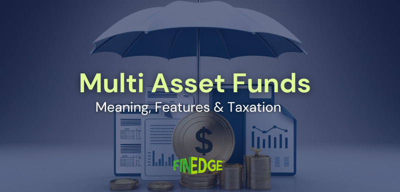Multi asset fund concept showing diversified investments across assets with umbrella protection, charts, and coins representing balanced portfolio allocation.