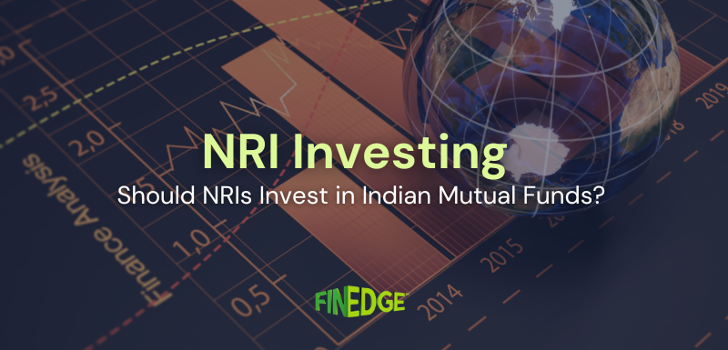 Global investment chart showing India’s market growth with a world globe, representing NRI investing and mutual funds.