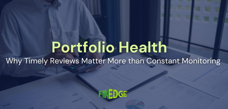 Portfolio health check visual showing investment review documents and charts, highlighting the importance of timely portfolio reviews