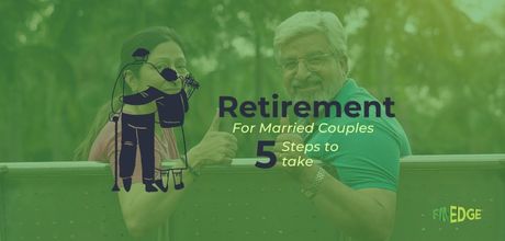 Illustration of an elderly married couple embracing, with text 'Retirement for Married Couples – 5 Steps to Take' on a green background. Ideal visual for articles on retirement planning, financial tips, and long-term goals for couples.