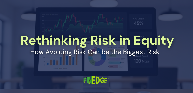 Dashboard displaying equity market charts and data visuals, illustrating risk in equity investing and how avoiding market risk can limit long-term growth.