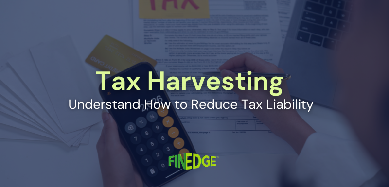 Tax harvesting strategy illustration showing calculator, financial documents, and tax planning for reducing capital gains tax on investments.