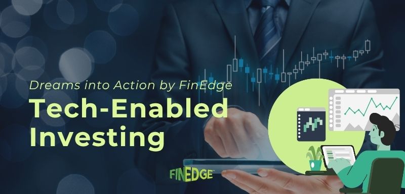 Illustration promoting FinEdge’s Dreams into Action investing platform, highlighting how technology can turn financial dreams into action through goal-based investing.