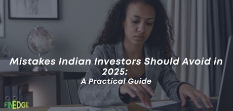 Young woman researching investment strategies on a laptop, with text overlay 'Mistakes Indian Investors Should Avoid in 2025: A Practical Guide' and FinEdge logo on the desk