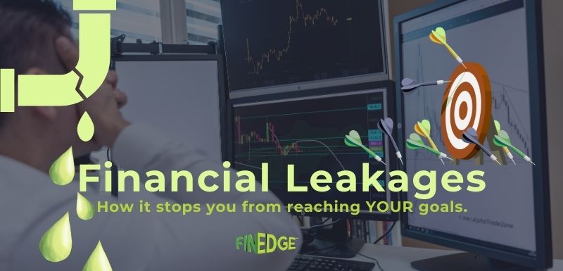 Stressed investor looking at falling charts and missed targets on screens, illustrating financial leakages and goal setbacks, with FinEdge branding.