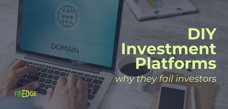 Image highlighting the drawbacks of DIY investing platforms for Indian investors, featuring a digital growth chart with a rising arrow and percentage symbol, FinEdge branding