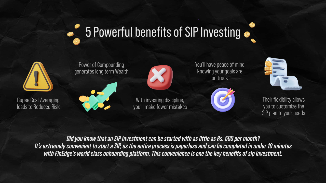 A dark infographic titled “5 Powerful benefits of SIP Investing” showing icons and text for rupee cost averaging, the power of compounding, disciplined investing, goal tracking, and flexibility, explaining how SIPs help build long-term wealth and reduce investment risk.