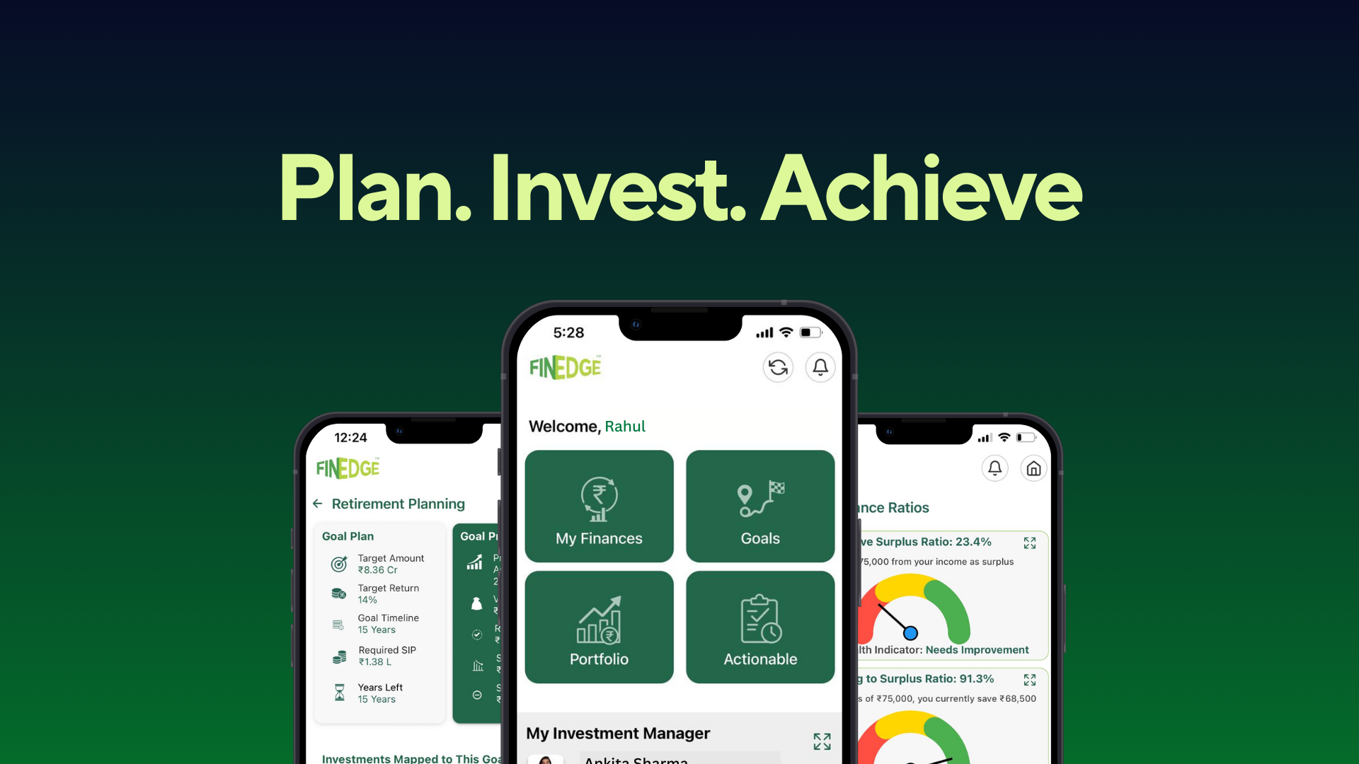FinEdge App interface showing goal planning, finances, and portfolio dashboards designed to help investors plan and stay aligned with their goals.