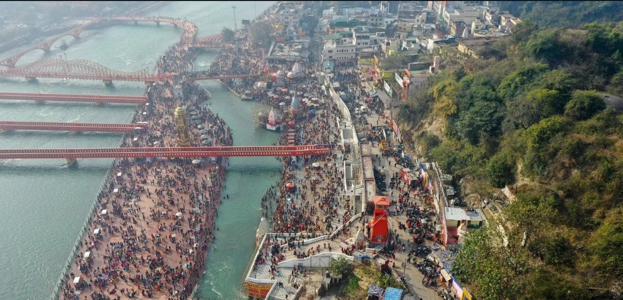 Aerial view of Har Ki Pauri in Haridwar during a crowded day, with red pedestrian bridges crossing the Ganges and pilgrims gathered along the ghats.