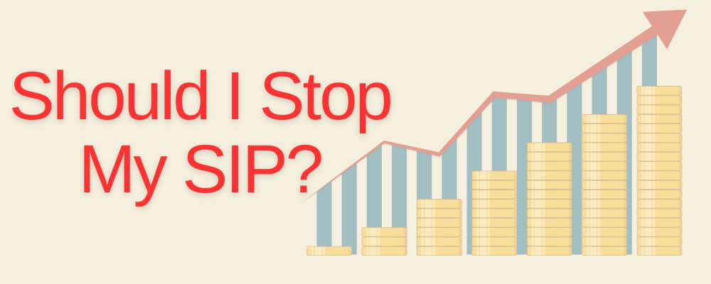 "Should I Stop My SIP?" written beside an upward-trending bar graph with growing coin stacks, signaling market growth.
